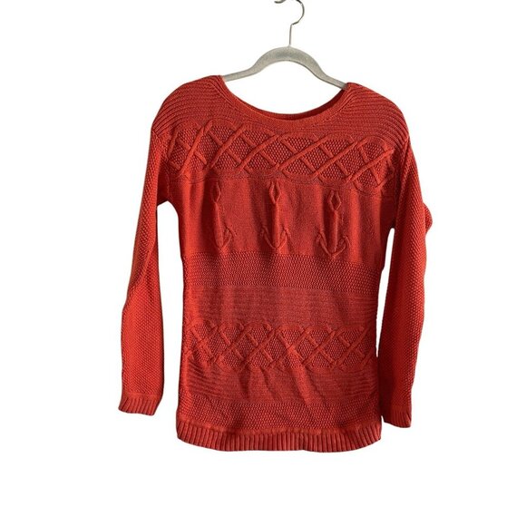 Talbots Women MP Orange Cable Knit Anchor Nautical Boat Neck Pullover Sweater - Picture 2 of 10
